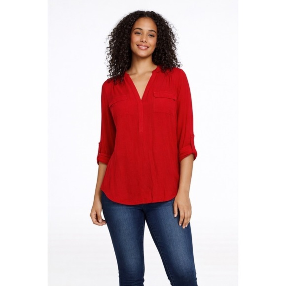 Nicole Richie Colorful Red Blouse Roll Tab Sleeve‎ Women's Medium